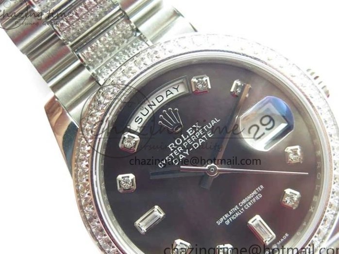 MiroTime 0309 SmoothTexture Day-Date 36mm 128239 SS Crystal BP Best Edition Black MOP Crystal Marker Dial on SS President Bracelet A 2681